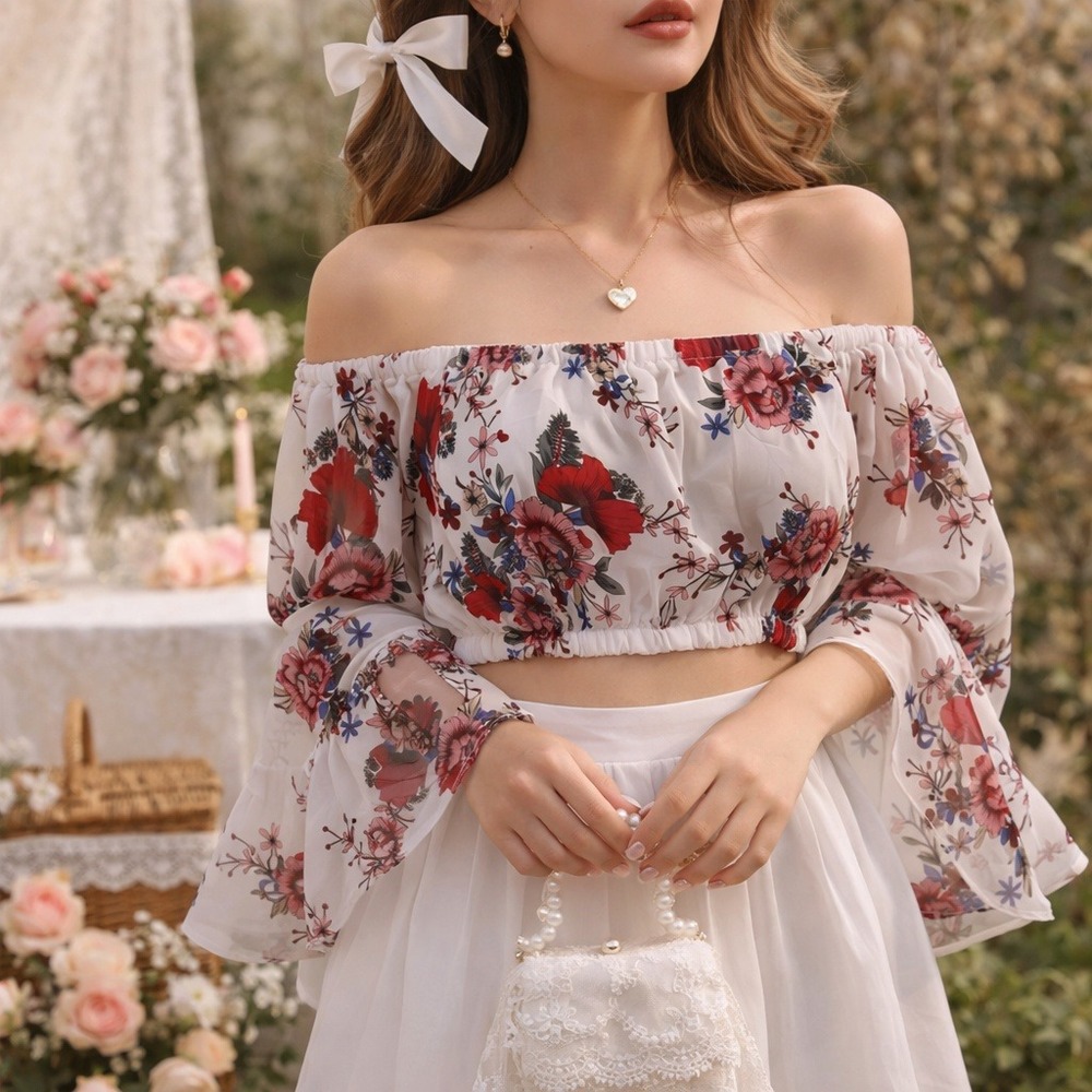 Womens Off The Shoulder Flare Sleeve Cropped Top Floral Cottagecore Coquette